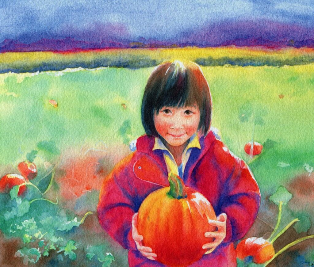 Girl in a Pumpkin Patch painting by Angelyn Voss